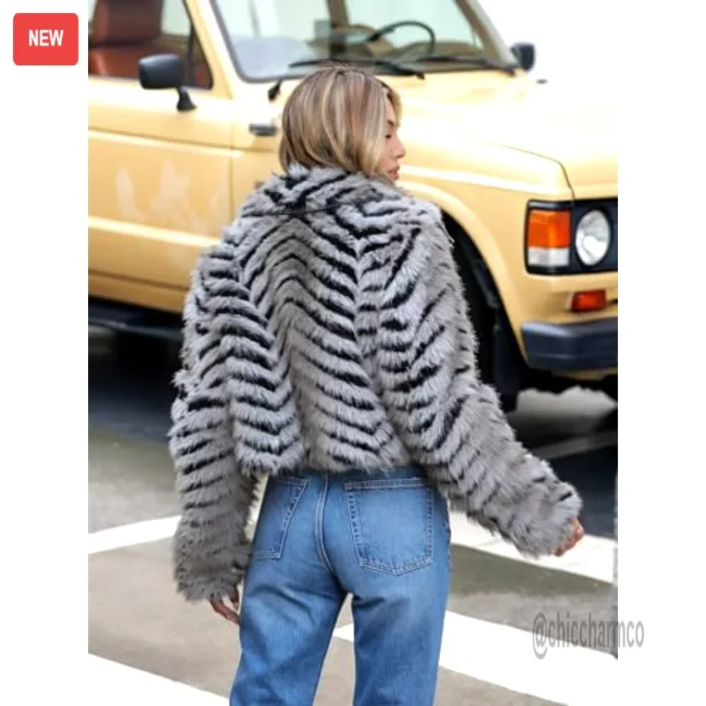 Faux Fur Coat Fluffy Cropped Oversized Shaggy Jacket Chic Winter Outerwear - Picture 4 of 7